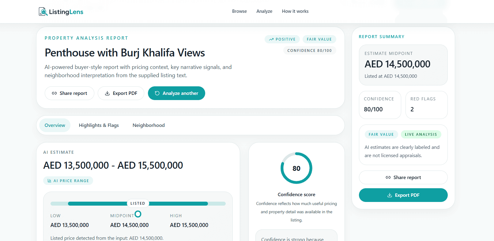 ListingLens property analysis report interface